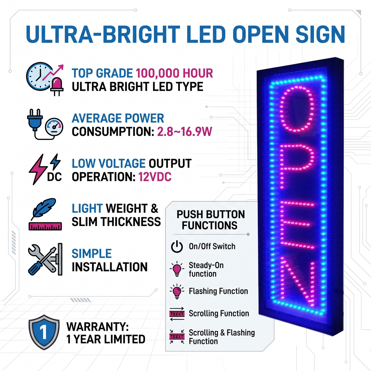 Vertical LED Open Sign (10" X 26")