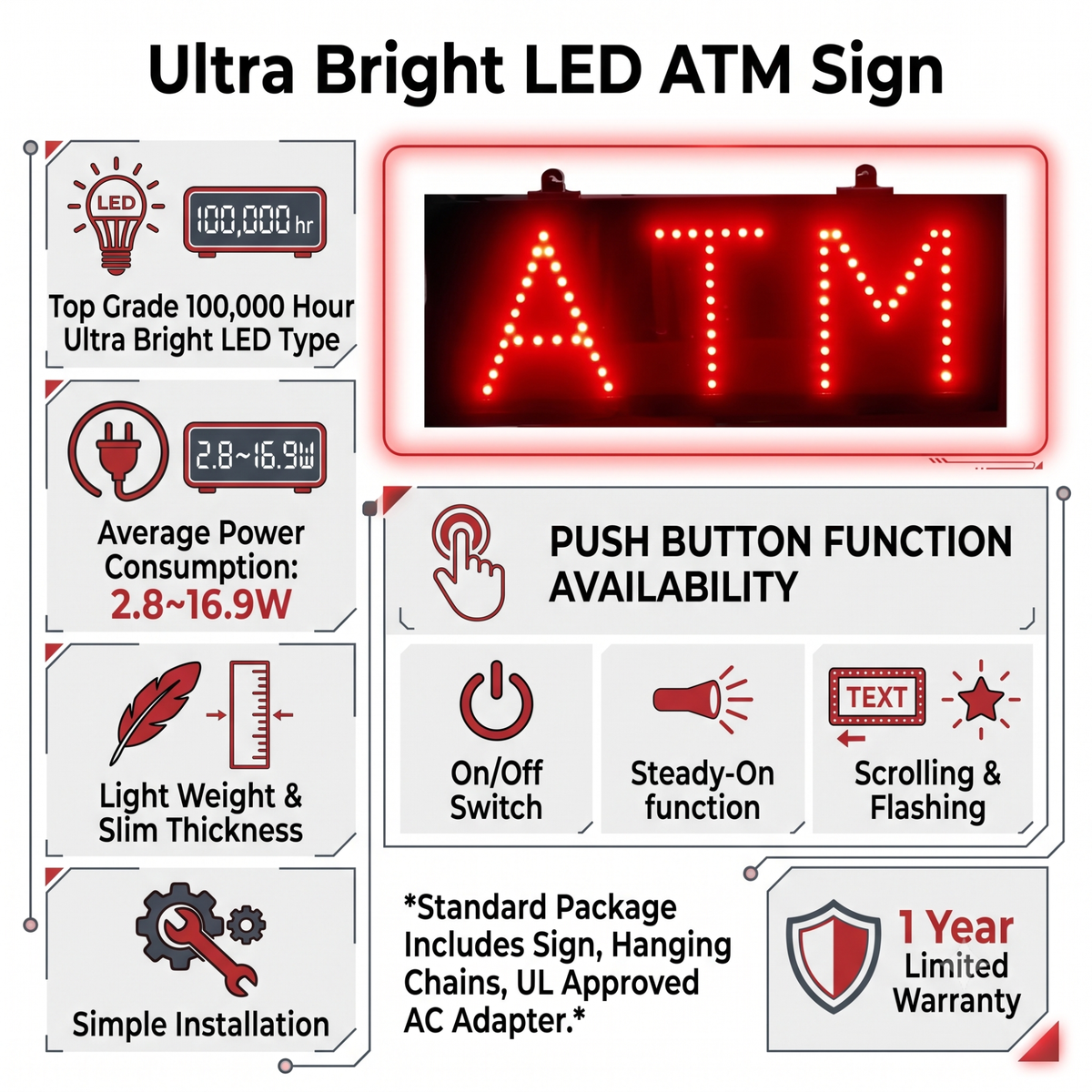 Red LED ATM Sign (16"L x 6.7"H)