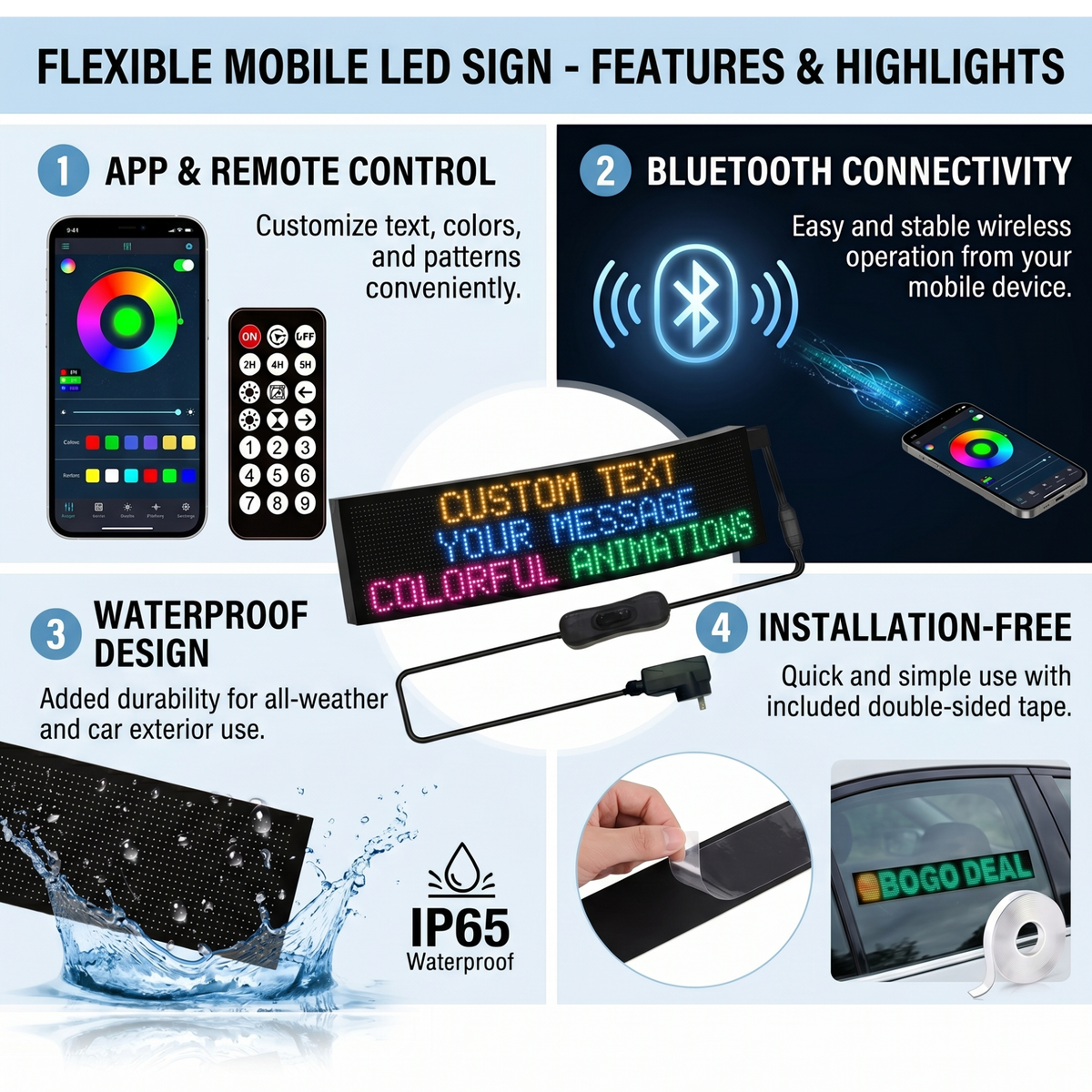 Flexible LED Display Sign with Mobile App Control (69.37" x 7.56")