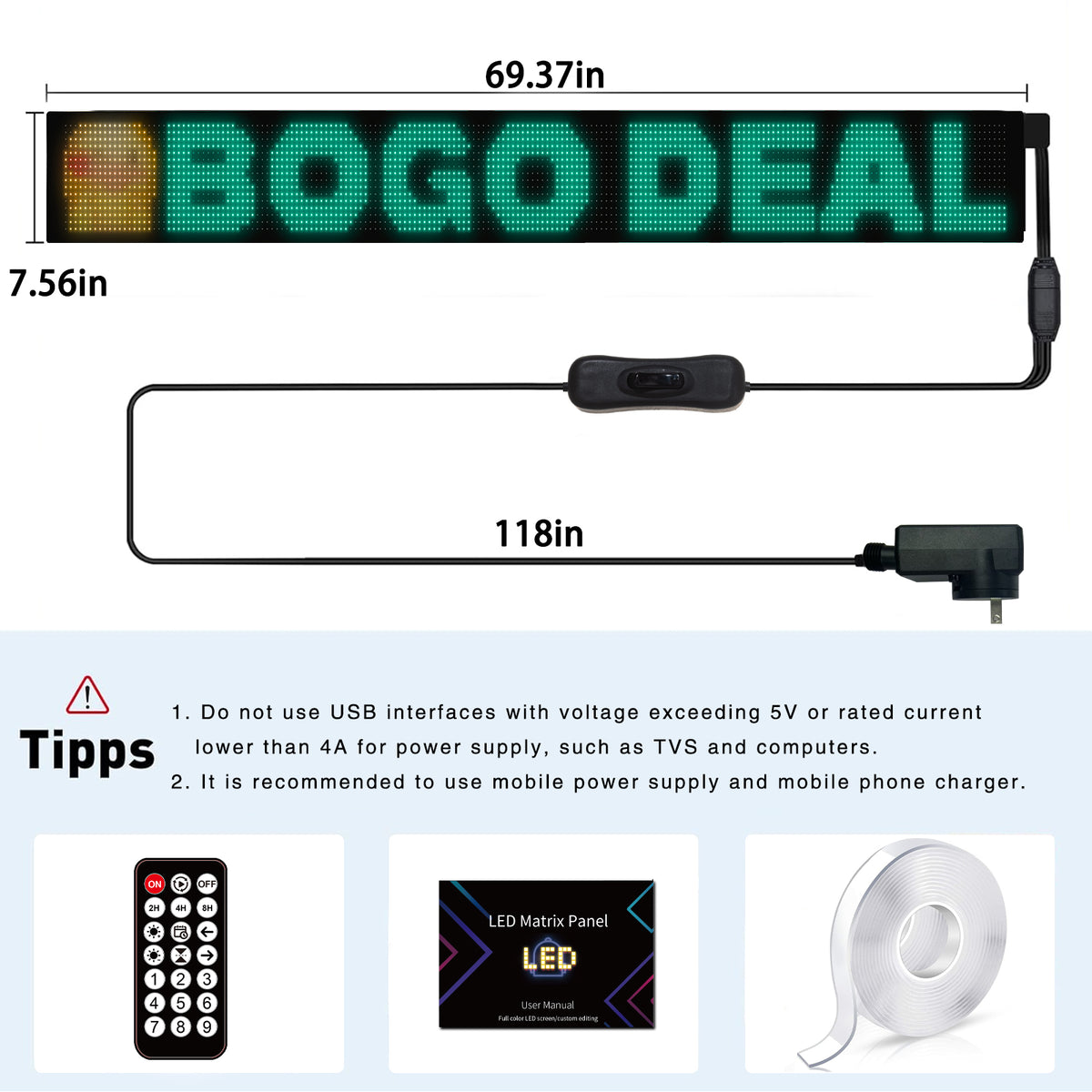 Flexible LED Display Sign with Mobile App Control (69.37" x 7.56")